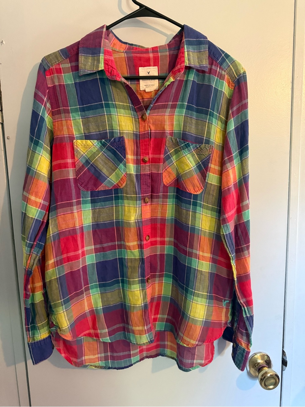 American Eagle Outfitters Rainbow Plaid Button-Down Shirt Flannel